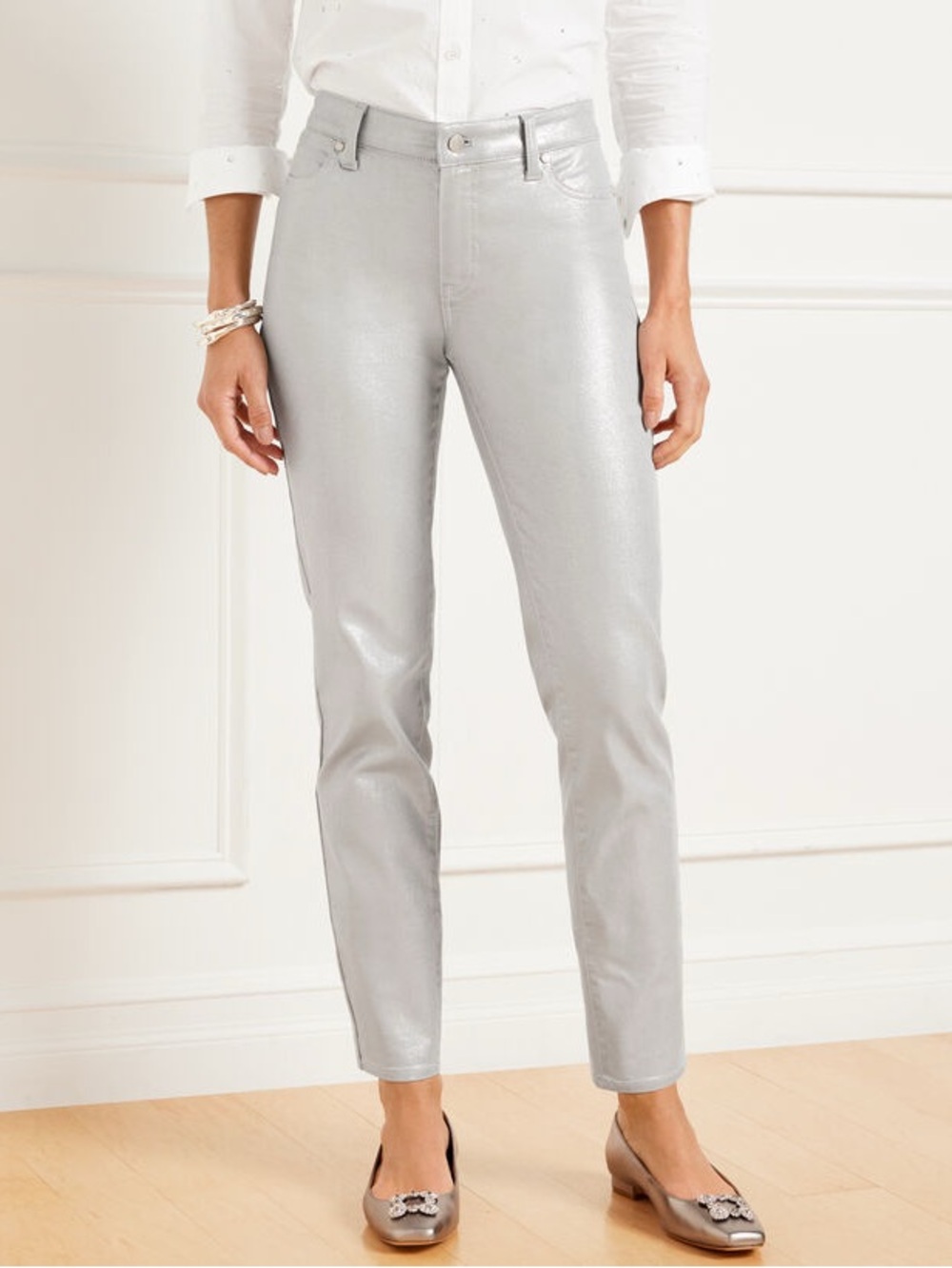TALBOTS 16W 16 Slim Ankle Jeans in Silver Foil • Metallic Holiday Denim Jeans